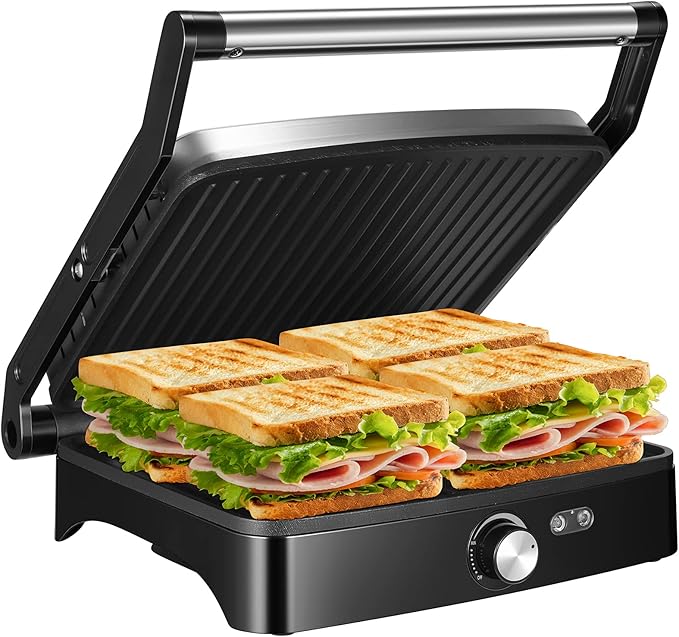OSTBA Panini Press Grill with Adjustable Temperature, 4-Slice Indoor Grill, 180° Open Sandwich Maker with Drip Tray, Non-Stick Plates, Stainless Steel, 1200W