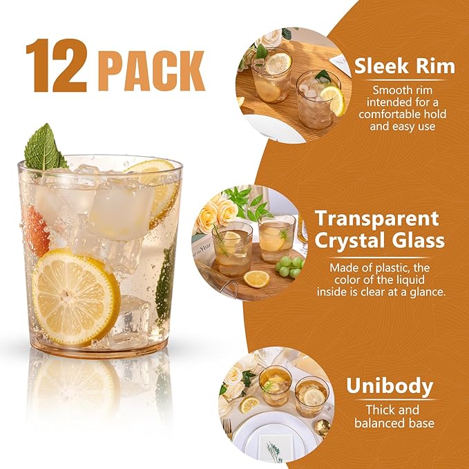 Liacere Plastic Drinking Glasses (Set of 12) 14 oz Brown Reusable Plastic Glasses Colors，Kitchen Water Glasses Cup, Bar Tumbler Glassware Set for Beer, Juice, Cocktail, Whiskey, Milk