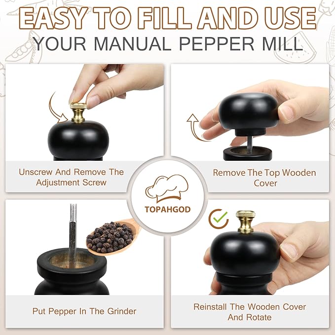 Salt and Pepper Grinders Set of 2, Manual Pepper Mill & Salt Grinder with Adjustable Ceramic Rotor & Stainless Steel Gasket, Refillable Black Salt & Pepper Shakers for BBQ Restaurant Kitchen