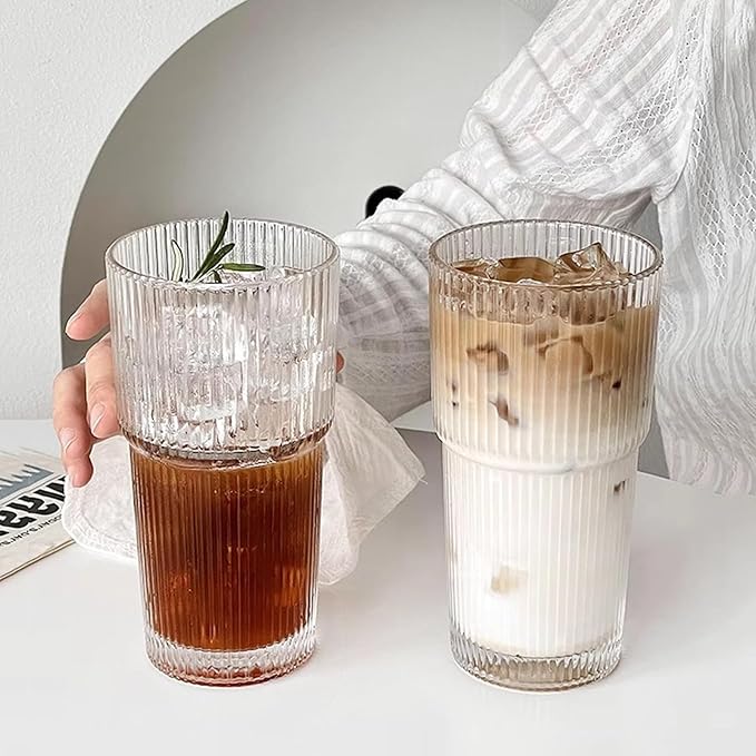 Drinking Glasses，19oz Ribbed Glassware,6 Pack Old Fashioned Glasses,Thickened glass for iced coffees, smoothies, cocktails and juices, perfect for families and parties (6)