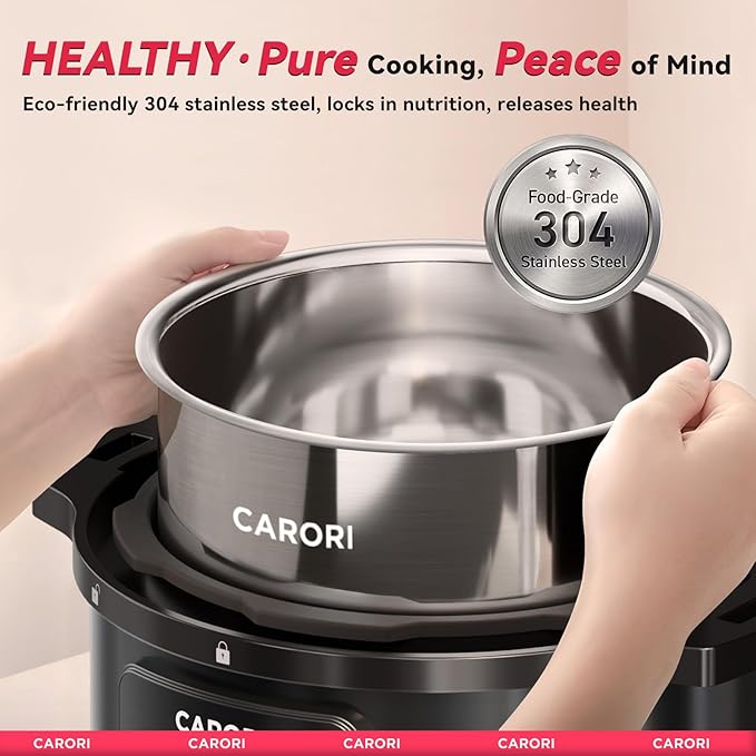 CARORI 1200W 12-in-1 Electric Pressure Cooker 8Qt, Stainless Steel Pressure Cooker, Slow Cook Rice Cooker Steamer Sauté, Yogurt Maker, Warmer & Sterilizer with Recipe, Safer Venting Design, Black