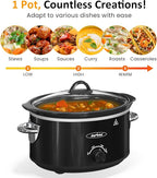 4QT Slow Cooker & Mini Food Warmer with Removable Ceramic Pot, 3 Heating Settings, Dishwasher Safe Glass Lid, Stainless Steel,Black