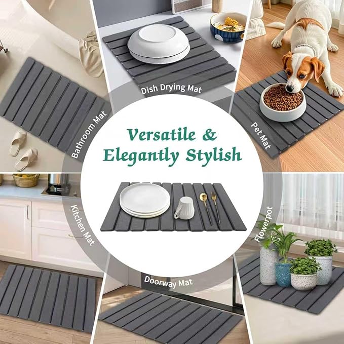Stone Dish Drying Mat for Kitchen Counter, 24''×15'' Dishes Drying Matt Kitchen Counter, Absorbent Diatomaceous Earth Bath Quick Dry Mats for Tableware, Bottles and Cup (Dark Grey)