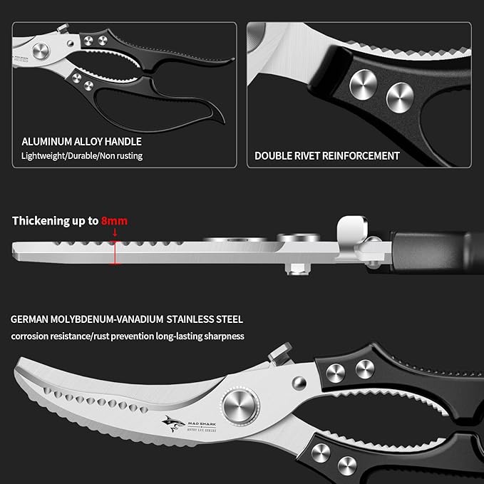 MAD SHARK Professional Heavy Duty Poultry Shears - Kitchen Shears for Spatchcocking Chicken and Meat Cutting, Multi-Purpose Kitchen Scissors for Food, Spring-loaded (Black)