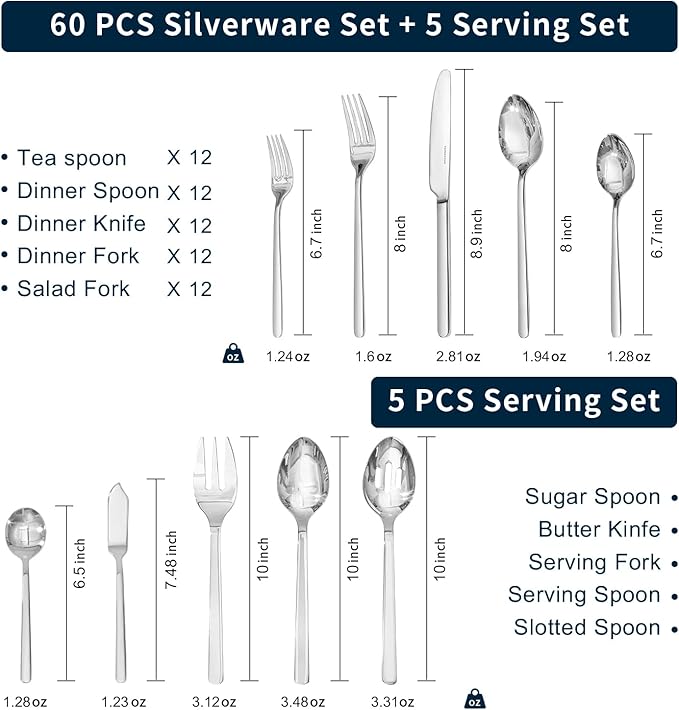 KINGSTONE Silverware Sets with Serving Utensils, 65 Piece Flatware Set for 12 with Gift Box