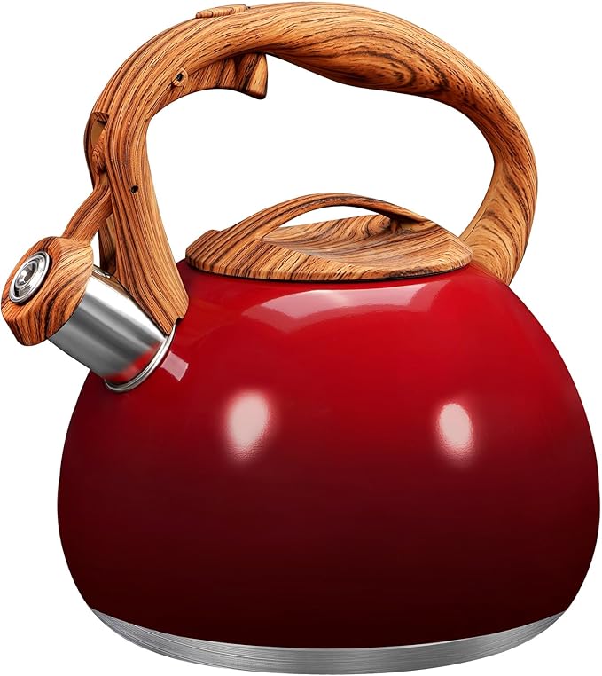 GGC Tea Kettle for Stove Top, 3.1QT/3L Whistling Tea Kettles for Boiling Water Coffee or Milk, Gradient Red Pot with Wood Parttern Handle, Stainless Steel Kettle Pot for Home and Kitchen