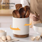 DOWAN 360° Rotating Extra Large Cooking Utensil Holder, 7.6" Kitchen Utensil Holder for Countertop, Utensil Crock for Farmhouse Kitchen Decor, Ceramic Stable Utensil Caddy, White Stripes