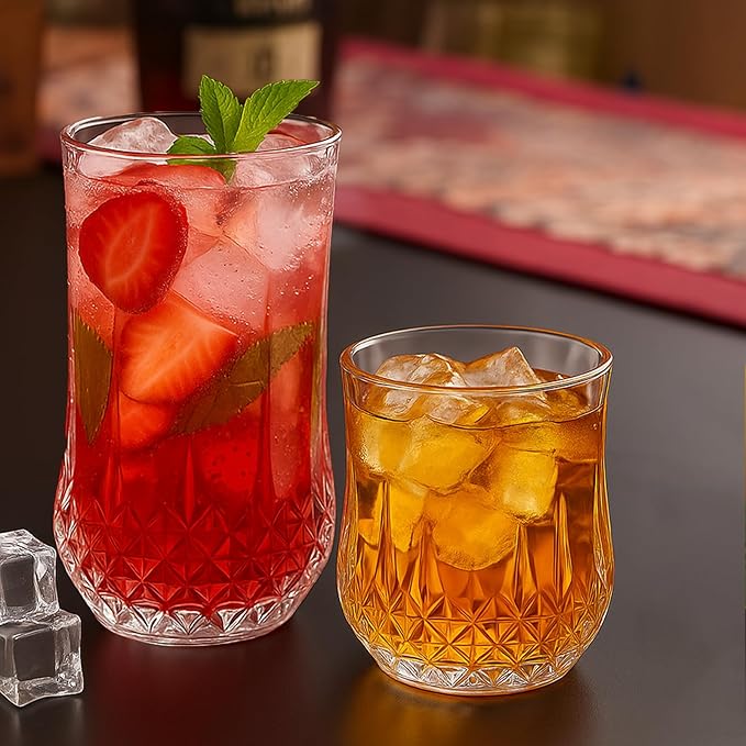 Ruckae Drinking Glasses Set of 8,11 oz and 7 oz Kitchen Water Glass Cups Set,Clear Curvature Glassware Dishwasher Safe,Mixed Drinkware for Beer,Juice,Cocktail,Whiskey,Milk and Various Mixed Drinks