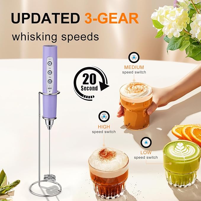 YUSWKO Light Purple Rechargeable Milk Frother for Coffee with Stand, Handheld Drink Mixer with 3 Heads 3 Speeds Electric Stirrers for Latte, Cappuccino, Hot Chocolate, Egg