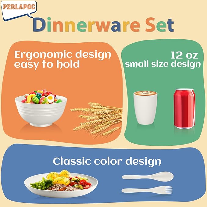 Wheat Straw Dinnerware Sets Service for 4, Unbreakable Kids Plates and Bowls Set 20 PCS, Microwave & Dishwasher Safe Dishes Set for Dinner, Kitchen, Camping, PV, Dorm - White