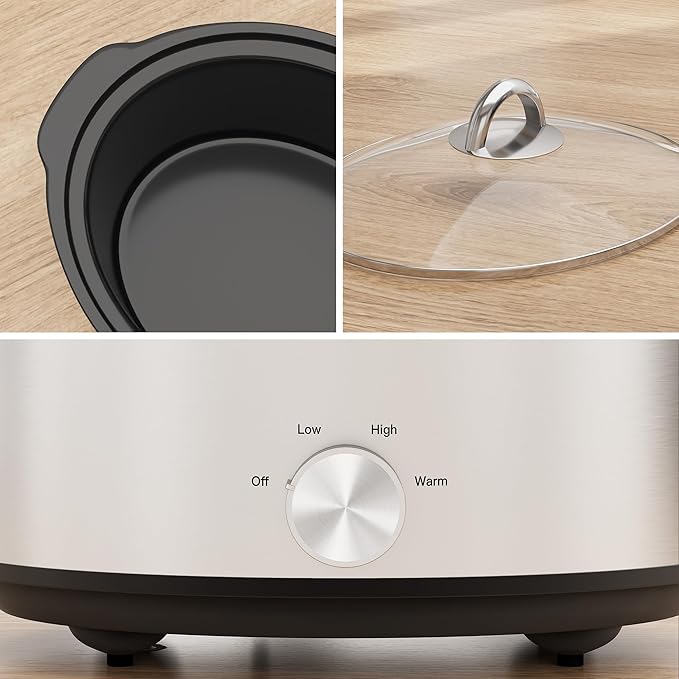 Sunvivi Small Slow Cooker 4QT, Mini Food Warmer with 3 Heating Settings, Removable Ceramic Pot, Dishwasher Safe Glass Lid, Stainless Steel, Silver