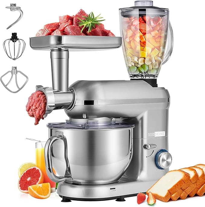 VIVOHOME 3-in-1 Stand Mixer, 6 Quart Electric Tilt-Head Kitchen Mixer with Bowl, Multifunctional Food Mixer with Meat Grinder and Blender Attachments, Dough Hook, Beater, and Whisk, Silver