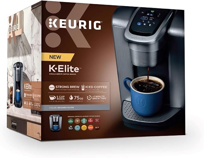 Keurig K-Elite Single Serve K-Cup Pod Coffee Maker, with Strength and Temperature Control, Iced Coffee Capability, 8 to 12oz Brew Size, Programmable, Brushed Silver
