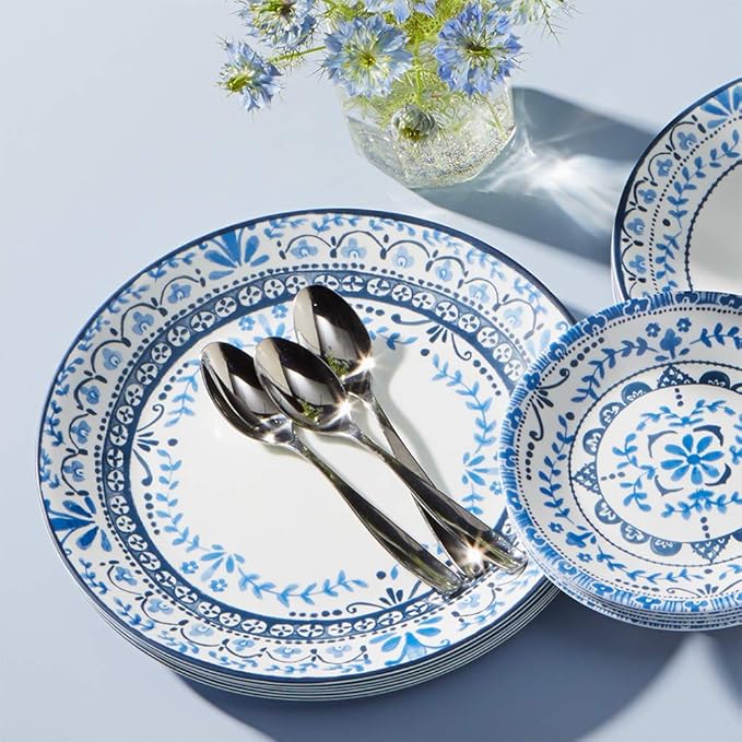 Corelle Vitrelle 18-Piece Service for 6 Dinnerware Set, Triple Layer Glass and Chip Resistant, Lightweight Round Plates and Bowls Set, Portofino