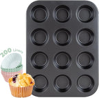CARTMAN 1 Muffin Pan with 200 Cupcake Liners, Nonstick 12-Cup Muffin Tin, Carbon Steel Cupcake Pan for Baking Muffins, Egg Bites, Brownies & More