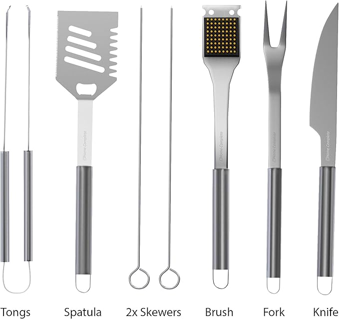 7-Piece Stainless-Steel BBQ Cooking Utensils Set - Barbecue Grill Accessories with Aluminum Portable Handled Storage Case by Home-Complete (Silver)