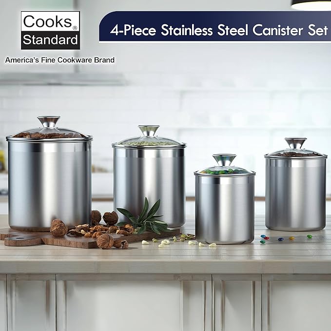 Cooks Standard Stainless Steel Food Jar Storage Canister Set Medium 4-Piece, 0.95qt/1.6qt/2.5qt/3.5qt Airtight Containers with Glass Lid for Tea Coffee Sugar Flour