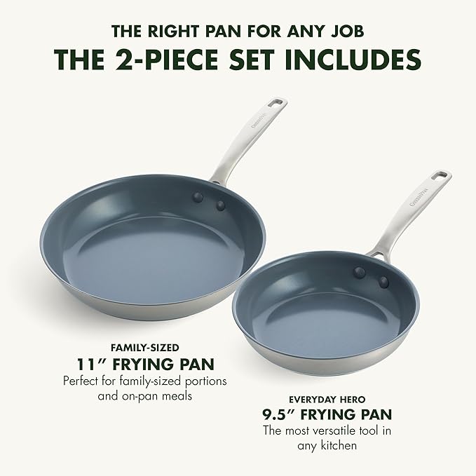 GreenPan Treviso 9.5” and 11” Frying Pan skillet Set, Non-Toxic PFAS-Free Stainless Steel Ceramic Nonstick Coating, Induction Suitable, Multi Clad, Pouring Rims, Dishwasher & Oven Safe to 600°