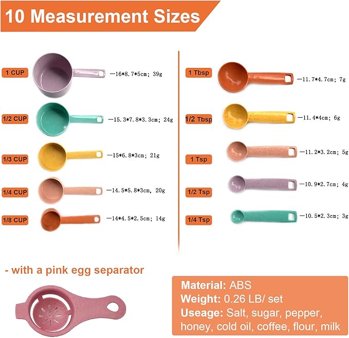 Plastic Measuring Cups and Spoons Set - 10 Pcs Colorful Kitchen Measuring Tool, Engraved Metric/US Markings Stackable Silicone Measure Cup for Liquid & Dry Measuring, Cooking & Baking, Random Color