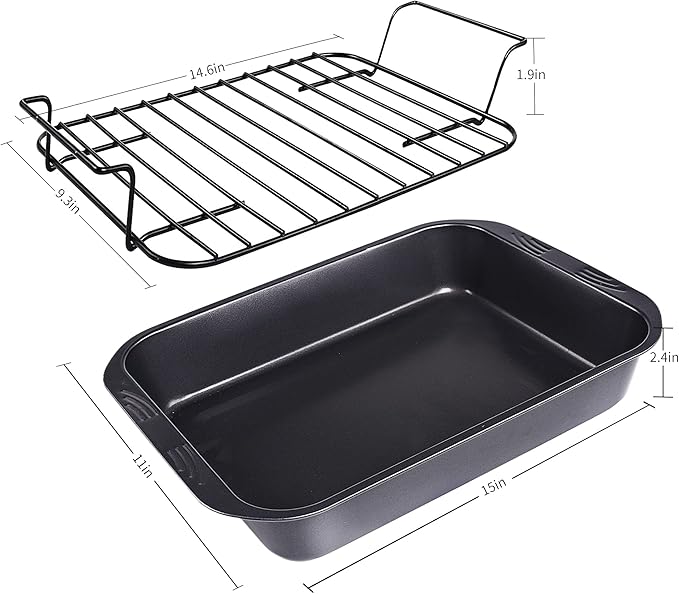 kitCom Bakeware Nonstick Roaster, Nonstick Roasting Pan with Rack, Great For Roast Chicken, Roasts And Turkeys - 15 Inch x 11 Inch (5.8 QT), Gray