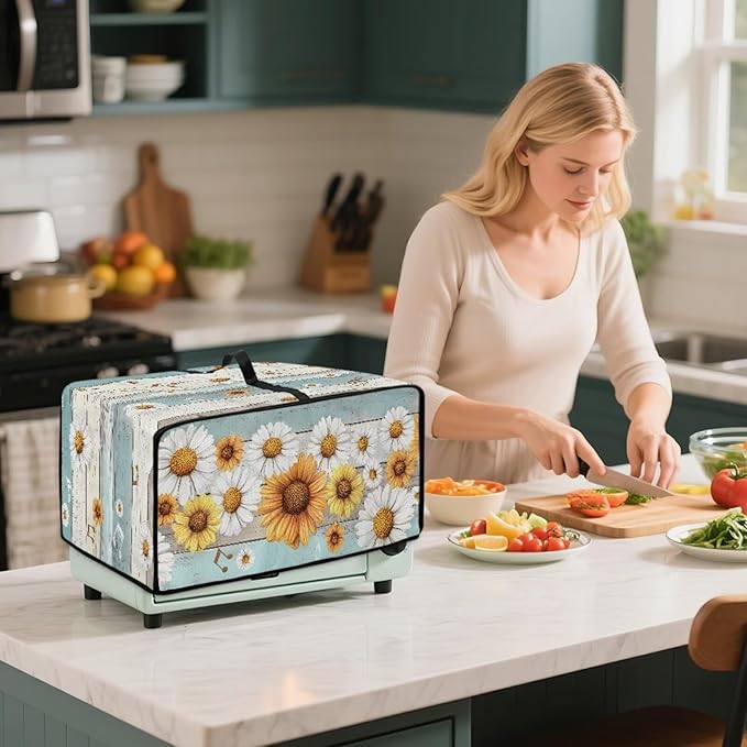 Wooden Board Daisy Print Toaster Oven Dust-proof Cover for Kitchen Small Appliance Fingerprint Protection Decorative Countertop Oven Protector (Medium-16.1 * 19.71 * 10 inches)