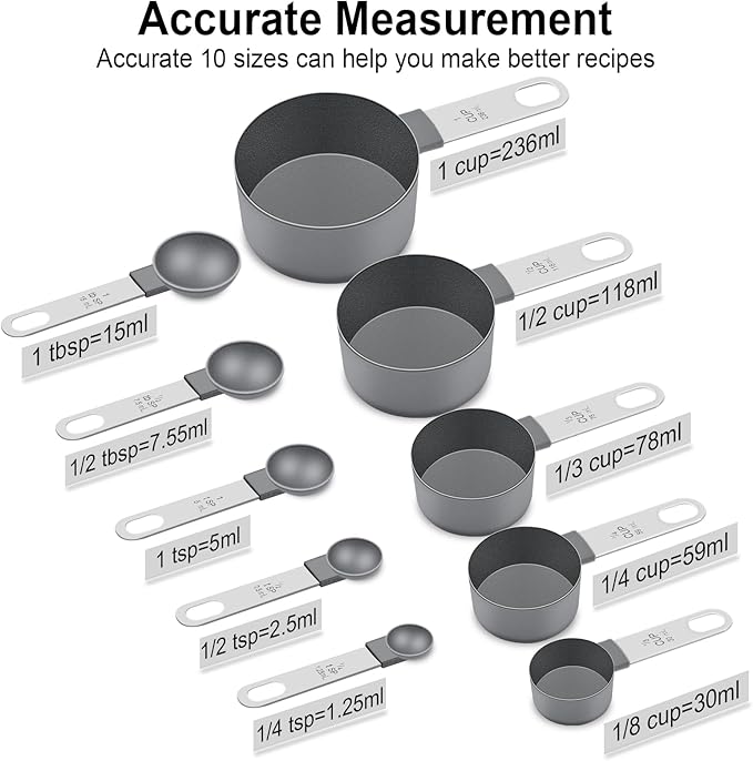 Measuring Cups and Spoons Set of 10 Pieces, Nesting Measure Cups Spoons with Stainless Steel Handle for Dry & Liquid Ingredient, Kitchen Gadgets, Grey