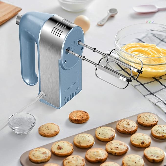 Hand Mixer Electric, 450W Kitchen Mixers with Scale Cup Storage Case, Turbo Boost/Self-Control Speed + 5 Speed + Eject Button + 5 Stainless Steel Accessories, For Easy Whipping Dough, Cream, Blue