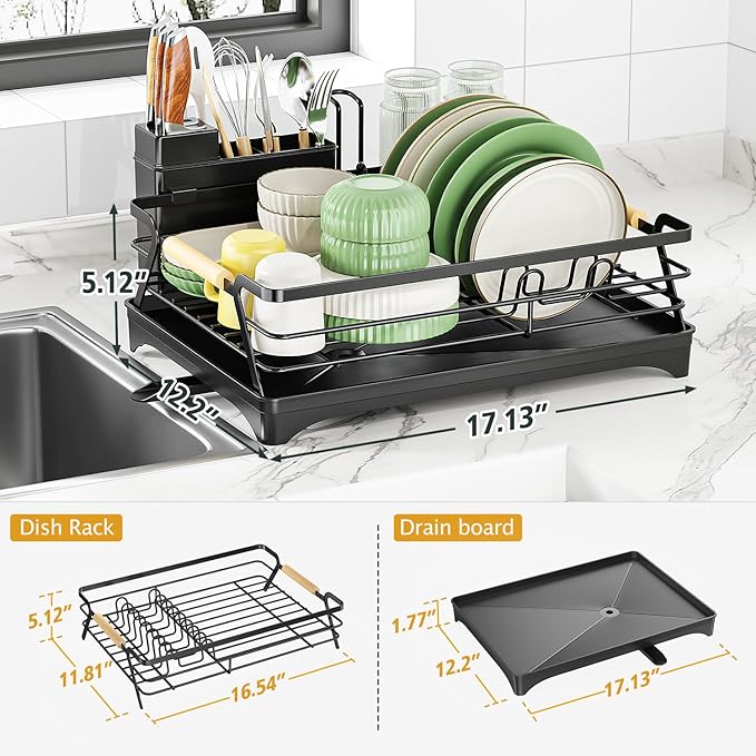 Epicano Dish Drying Rack for Kitchen Counter,Space-Saving Dish Rack,Rustproof Dish Drainer with Utensil Holder and Knife Slots for Sink,Kitchen Drying Rack with Wooden Handle and Cup Holder, Black
