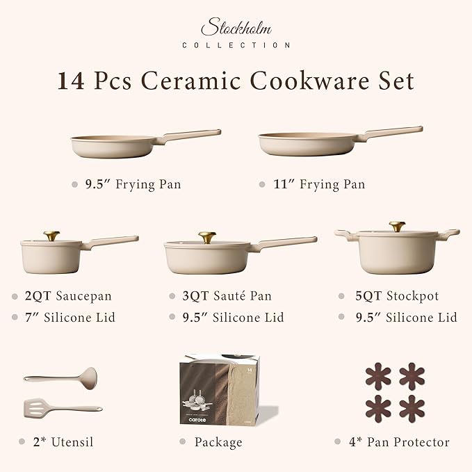 CAROTE Ceramic Cookware Set Nonstick, 14pcs Pots and Pans Set Nonstick, Non-Toxic & PFAS-Free, Dishwasher, RV/Camping Cookware Set, Cooking Pots with Lids, Light Taupe