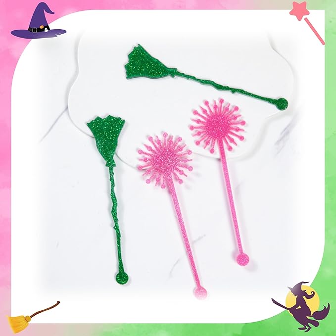 20 Pack Pink and Green Party Decrations, Princess and Witch Party Accessories, Green Witch Broomstick and Glitter Pink Princess Wand Cocktail Stir Sticks for Themed Parties (Drink Stirrers)