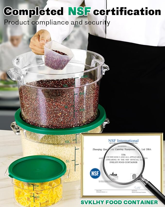 12QT NSF Food Storage Containers: 8 PCS [Food Grade][Hot&Cold Resistant] Commercial Clear Round Food Storage Containers with Scales Handles for Home Restaurant Kitchen Proof Dough(GREEN N)