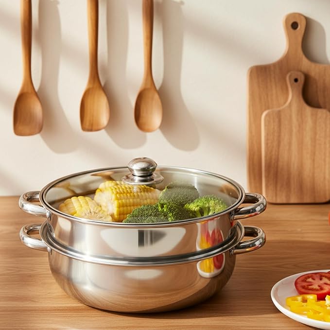 ZENFUN Steamer Pot With Lid 2 Tier, Multipurpose Stainless Steel Steaming Pot, Steam Pots With Handle For Vegetable, Dumpling, Food, 11 Inch（Thickened）