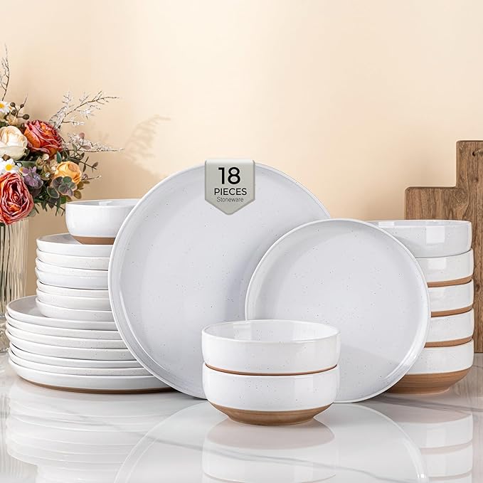 AmorArc Ceramic Dinnerware Sets for 6, 18 Pieces Handpainted Plates and Bowls Set with Rustic Terracotta Underside, Scratch Resistant Stoneware Dishes Set, Dishwasher & Microwave Safe, White