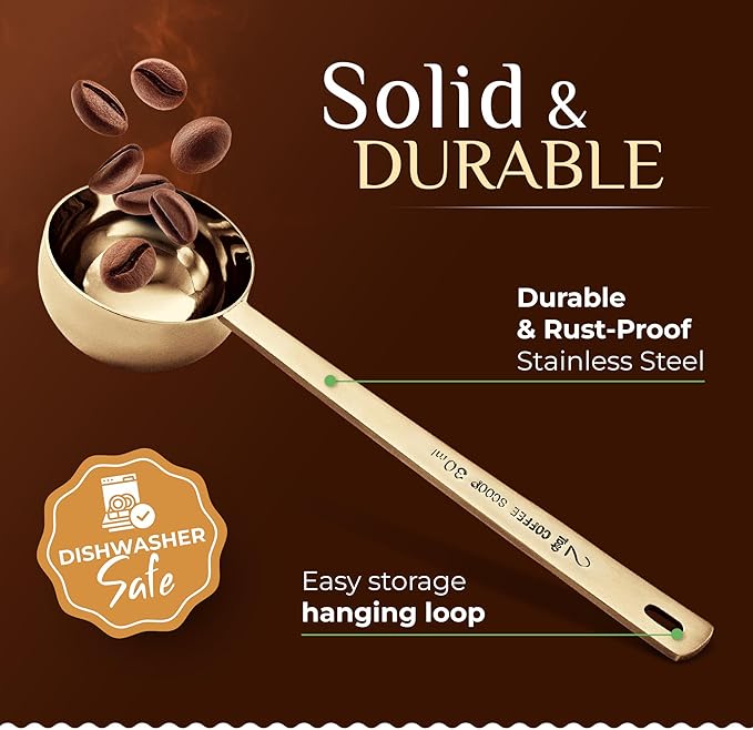 Orblue Premium Coffee Scoop Set - 1 Tbsp (15ml) & 2 Tbsp (30ml) Measuring Tablespoon - Stainless Steel Coffee Measuring Spoon and Scooper with Long Handles - Pack of 2, Light Gold