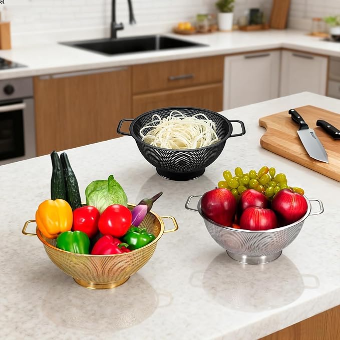 3PCS Three Colors Mix Colander Set, 3QT Black & 4QT Silver & 5QT Gold, Stainless Steel Pasta Strainer with Handle for Prepping Washing Draining Storing Food, Dishwasher Safe
