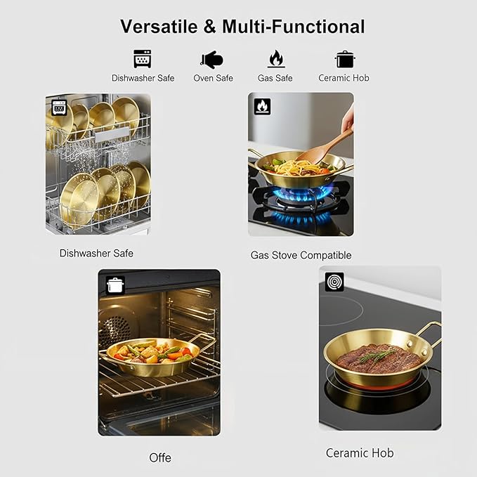 Pie pans Quirche Dishes Stainless Steel Set of 4, Specialty Gratins Pots and Pans Cookware, Au Gratin Baking Dish with Handles, 20 Oz, for Oven Roasting, Individual portion, Gold 7.5 Inch