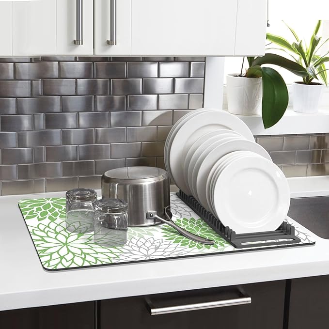 Findosom 2PCS 12" x 20" Dish Drying Mat & 24" x 5.5" Sink Splash Guard, Super Absorbent & Cuttable Dish Mat Drying Kitchen Mat with Green Floral, Hide Stain Drying Mat for Kitchen Counter
