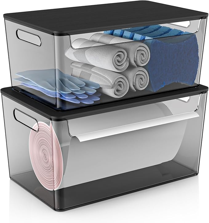 2 Pack Trash Bag Holder Under Sink Stackable, Plastic Garbage Bag Dispenser with Lid, Trash Bag Storage Dispenser Roll Holder for Kitchen, Pantry, Laundry Room Organization (Black)