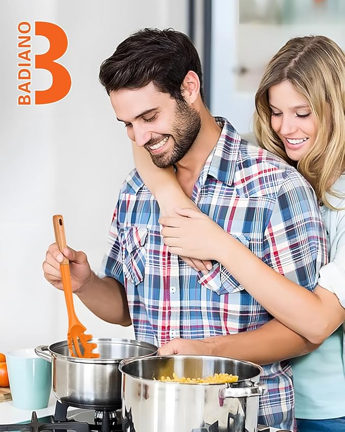Silicone Pasta Fork, Kitchen Heat Resistant Noodle Spoon Server, BPA Free Spaghetti Strainer,12.8 inch (ORANGE)