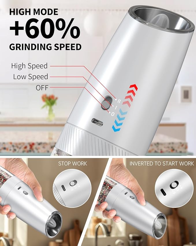 CIRCLE JOY Gravity Electric Salt and Pepper Grinder Set with 2-Speed, Rechargeable Salt and Pepper Grinder Set, Adjustable Coarseness, Whiet LED Light