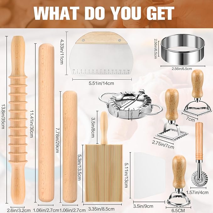 14 Pieces Pasta Making Tools Set, Ravioli Mold Set, Ravioli Maker with Roller Wheel, Ravioli Cutter Set with Wooden Handle, Pasta Making Kit for Ravioli Press Mold. Suitable for Home and Beginners