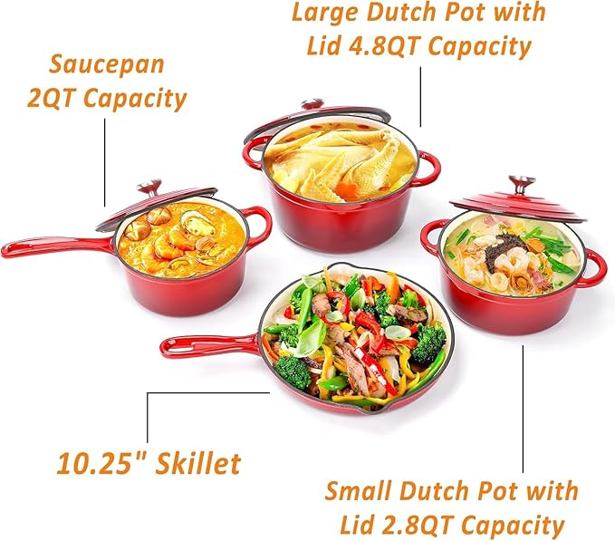 Hisencn Enameled Cast Iron Cookware Set - 7 Piece Dutch Ovens Set, Sauce Pan, Skillet, 3 Lids, Pots and Pans Set, Ceramic Coated Cast Iron, Heavy Duty, Gas/Induction Compatible, PFA Free, Rouge Red