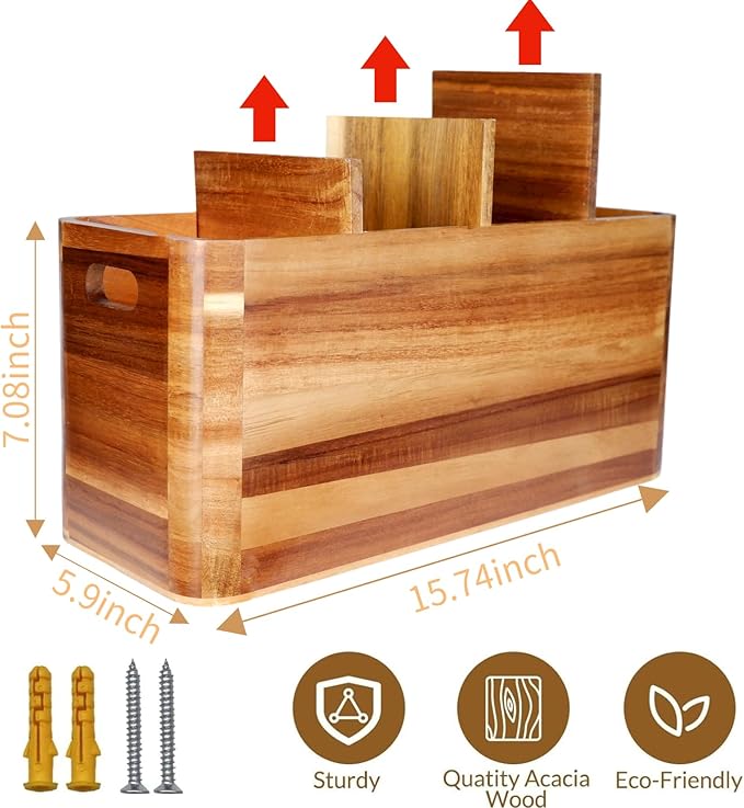 Wooden Kitchen Utensil Holder Organizer for Counter or Countertop, Large Wooden Utensil Holder for Storage Cooking and Silverware with 4 Compartment, Acacia Rustic Wood Container Extra Large