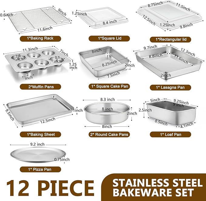 P&P CHEF Stainless Steel Bakeware Set, 12-Piece Kitchen Baking Pans Set, Baking Sheet with Rack, Square Cake Pan with Lid, Lasagna Pan, Loaf Pan, Muffin Pan, Pizza Tray & 2 Covers, Easily Clean