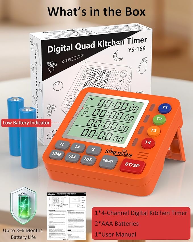 Digital Kitchen Timer for Cooking - 4 Channel Count Up Countdown Timer with Loud Alarm and Silent Mode, Large Display, Magnetic Back, Auto Memory for Classroom Study Gym, Battery Included (Orange)