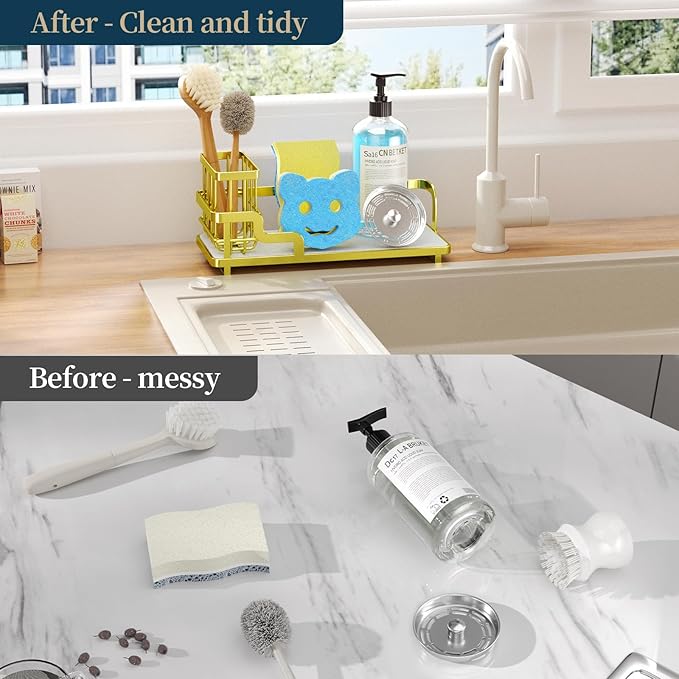Consumest Sponge Holder for Kitchen Sink - Sink Caddy Organizer with Water Absorbing Stone Tray, Detachable Brush Holder, Stainless Steel Kitchen Counter Organizer Rack, Gold