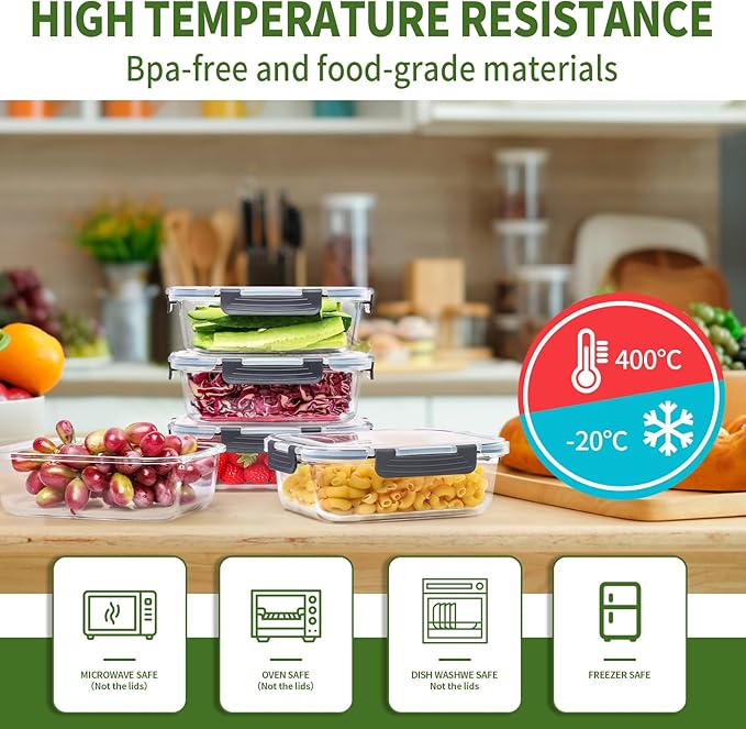 Skroam 5-Packs 36OZ Glass Food Storage Containers with Lids Airtight, Glass Meal Prep Container for Lunch, Pantry Organizers and Storage, Glass Lunch Boxes for Freezer to Oven Safe, Leak Proof