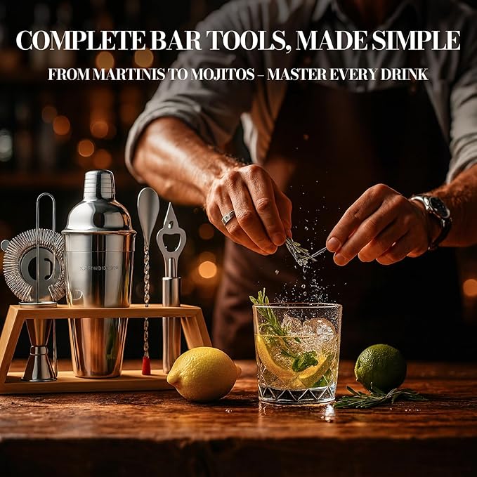 Cocktail Shaker Set Bartender Kit with Bamboo Stand – Professional Martini Shaker, Premium Stainless Steel Shaker Bottle, Complete Bar Accessories Gift Set and Mixology Kit for Home Bar & Drink Mixing