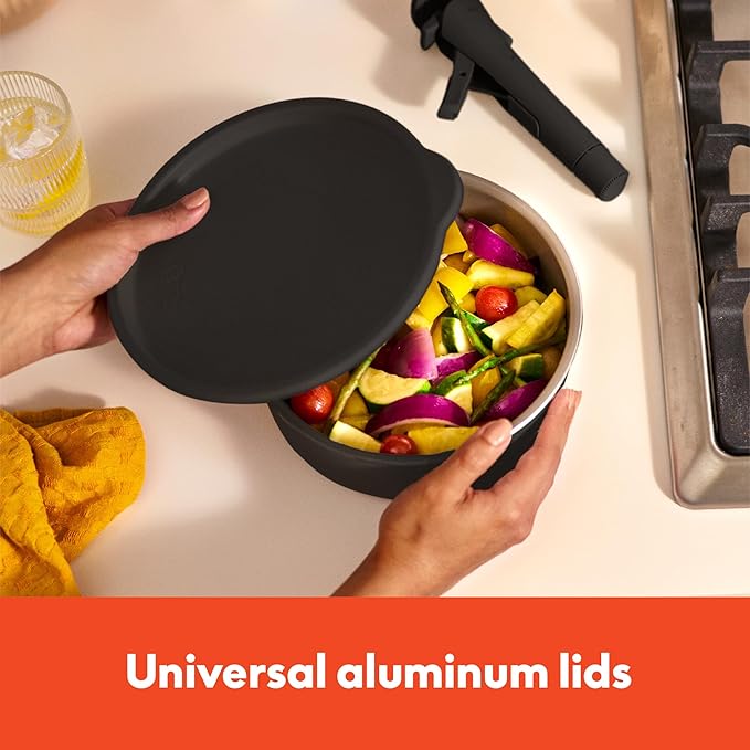 bella 8 Piece Removable Handle Cookware Set, Fits-anywhere™ Kitchenware w EverGood™ Ceramic Nonstick Coating, Dishwasher & Oven Safe, All Stovetops Compatible, Glass Lids with Silicone Rims, Black