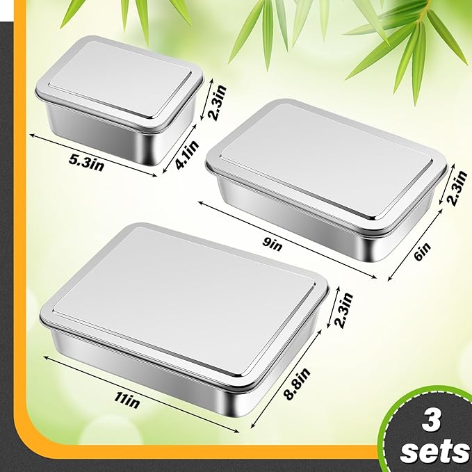 Tioncy 3 Sets Stainless Steel Cake Pan with Lid 11/9/5 Inch Rectangle Sheet Baking Pan with Covers Bakeware with Lids for Cakes Breads Casseroles Fish Vegetables and More